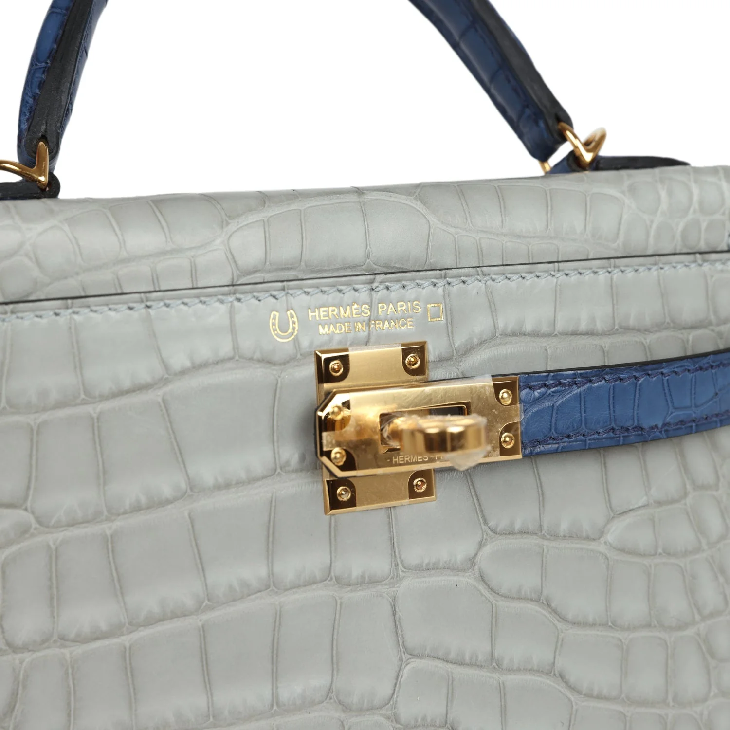Replicate Hermes Special Order (HSS) Kelly Sellier 20 Gris Perle and Bleu de Malte Matte Alligator Gold Hardware(1:1 replica)