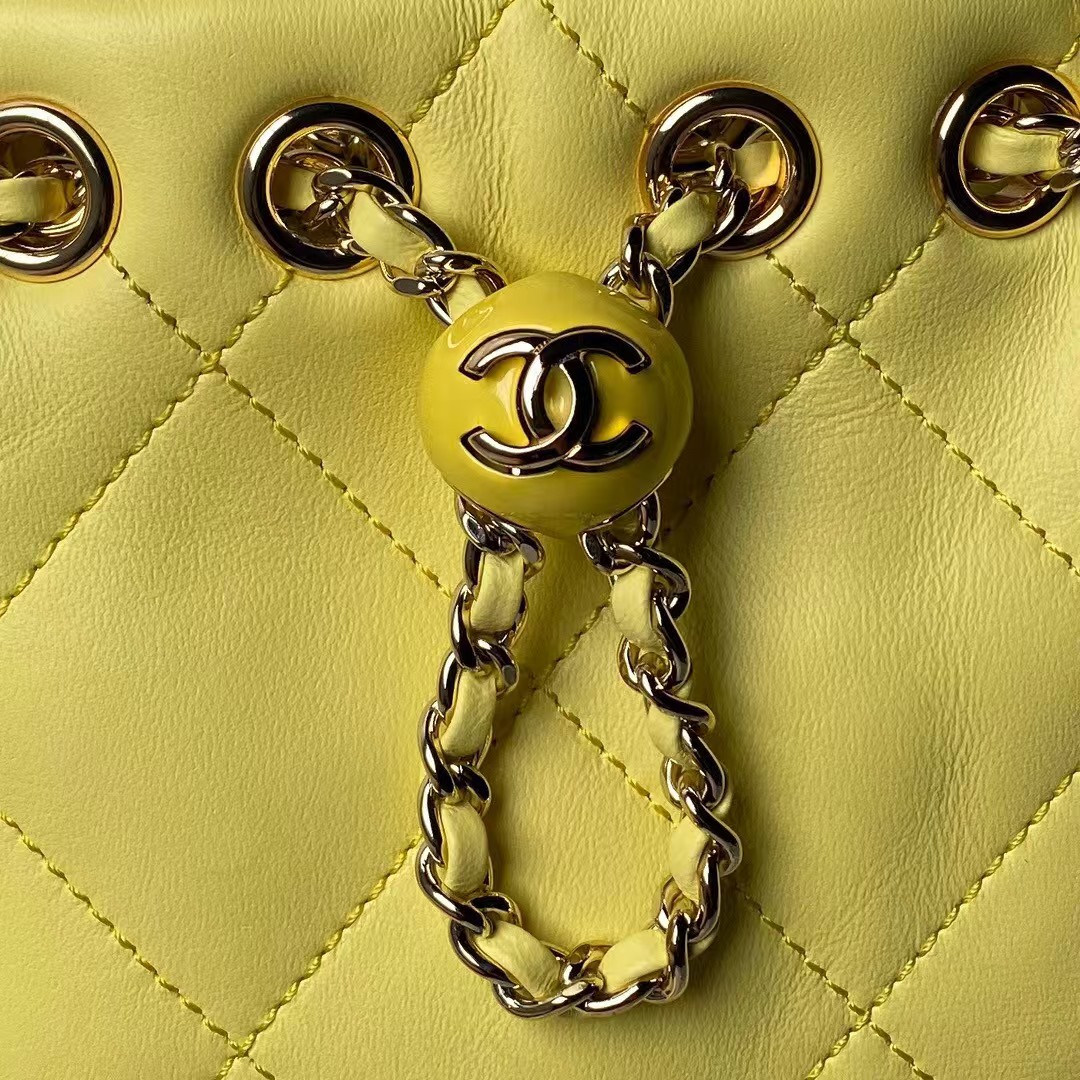 Replicate Chanel 24S AS4810 Medium CC Drawstring Backpack Shiny Lambskin Light Gold Hardware Yellow(1:1 replica)