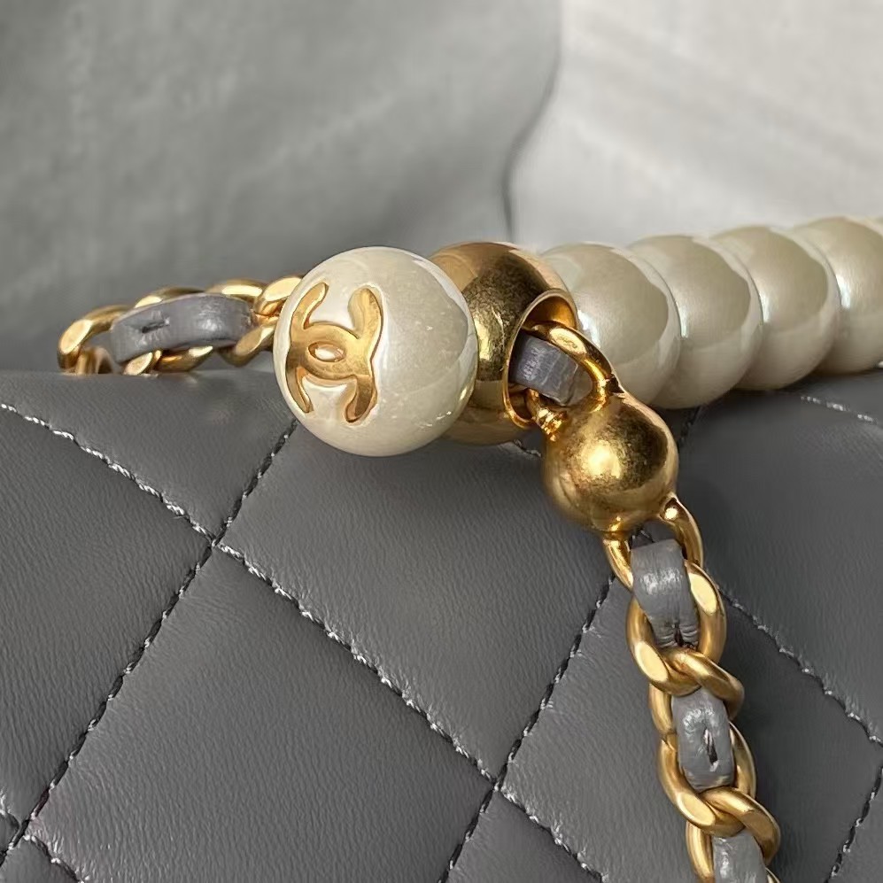 Replicate Chanel AS5001 Mini Flap Bag Top Handle Shiny Lambskin Imitation Pearl   Gold Metallic Grey(1:1 replica)