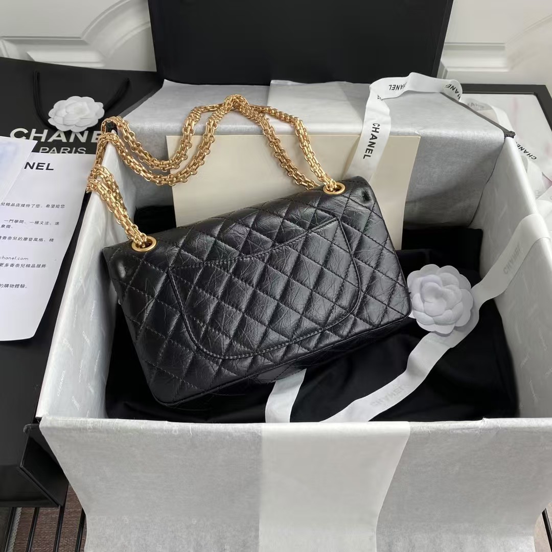 Replicate Chanel 23A Classic Medium 2.55 Flap Bag Black Distressed Calfskin Gold Hardware(1:1 replica)