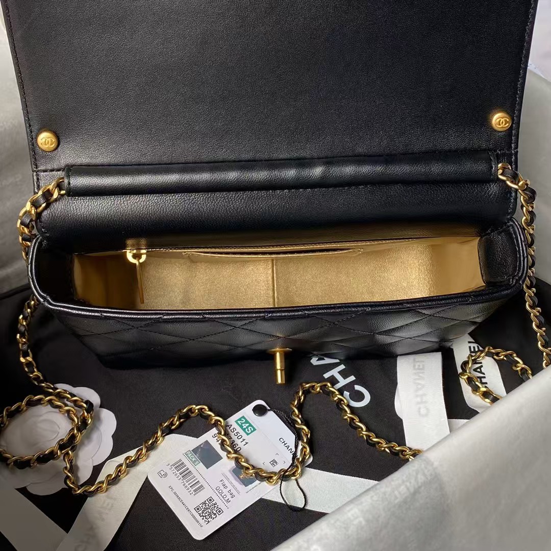 Replicate Chanel AS5011 Flap bag Shiny Lambskin Imitation Pearls   Gold-Tone Metal Black(1:1 replica)