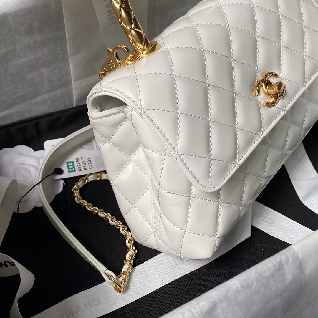 Replicate Chanel A92990 Small Flap Bag With Top Handle White Shiny Calfskin White(1:1 replica)