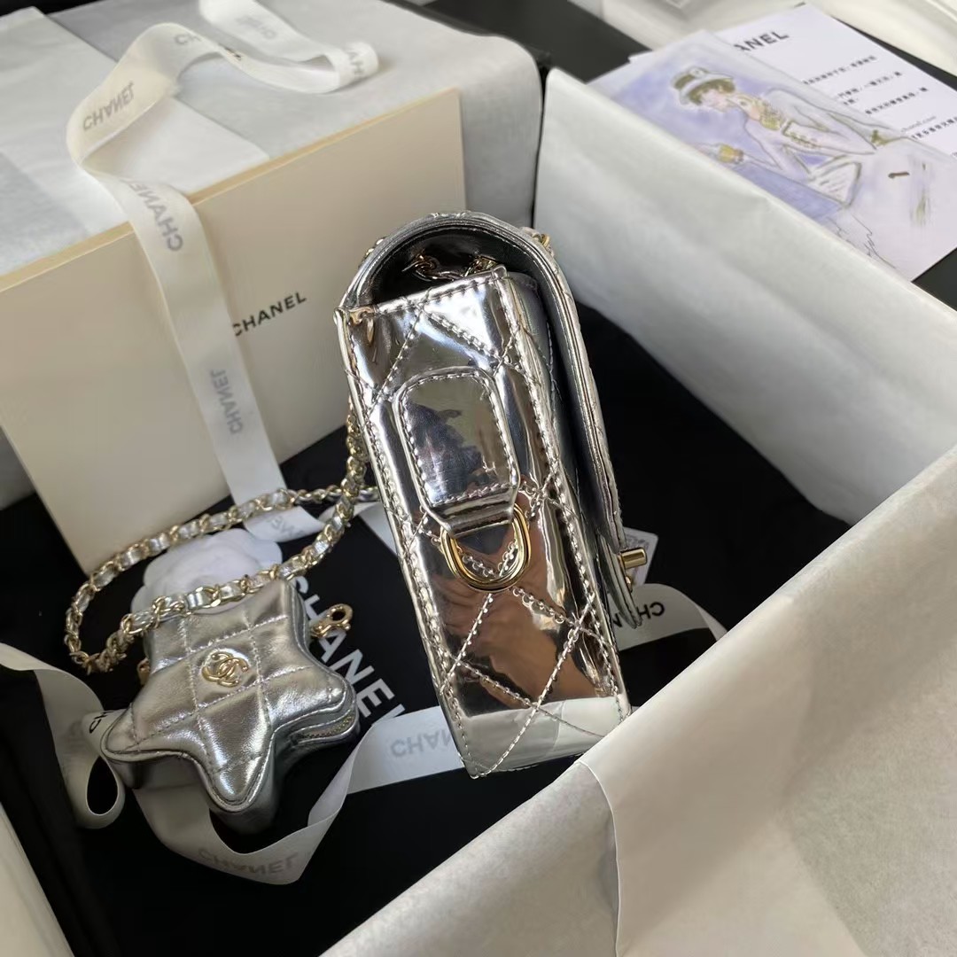 Replicate Chanel AS4647 Mini Flap Bag With Star Coin Purse Metallic Calfskin   Gold Metallic Silver(1:1 replica)