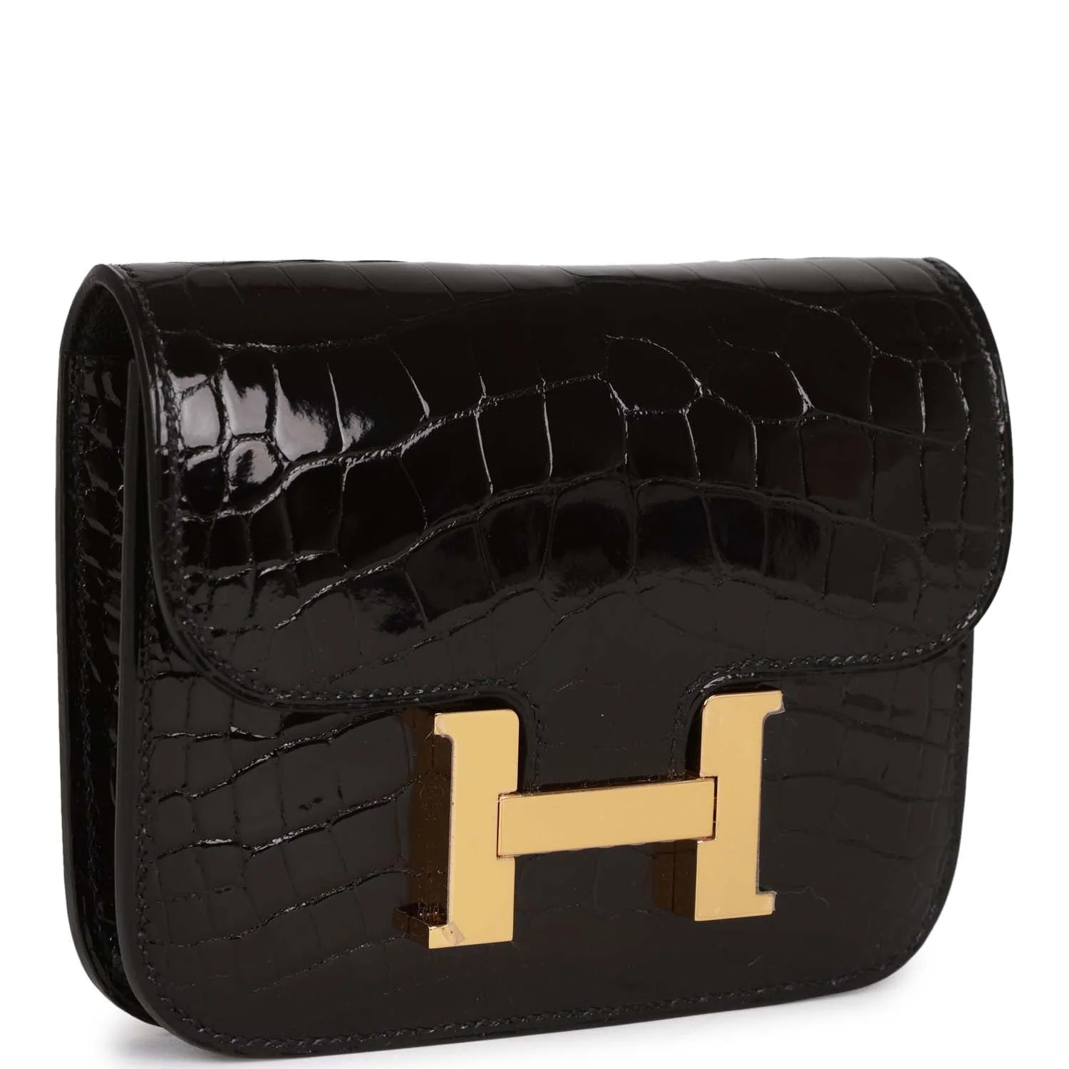 Replicate Hermes Constance Slim Wallet Shiny Black Alligator Gold Hardware(1:1 replica)