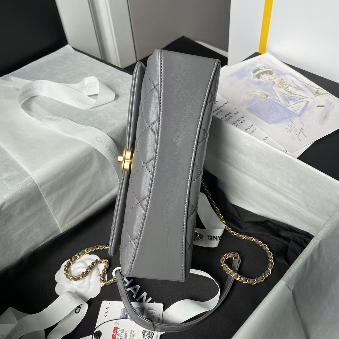 Replicate Chanel AS4997 Flap Bag Top Handle Shiny Lambskin Imitation Pearl   Gold Metal Grey(1:1 replica)
