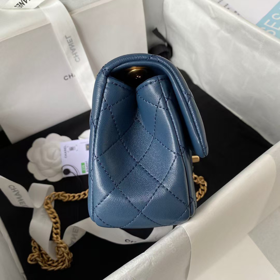 Replicate Chanel 23S AS4041 Mini Camellia Embossed Rectangular Flap Bag Antique Gold Hardware Blue(1:1 replica)