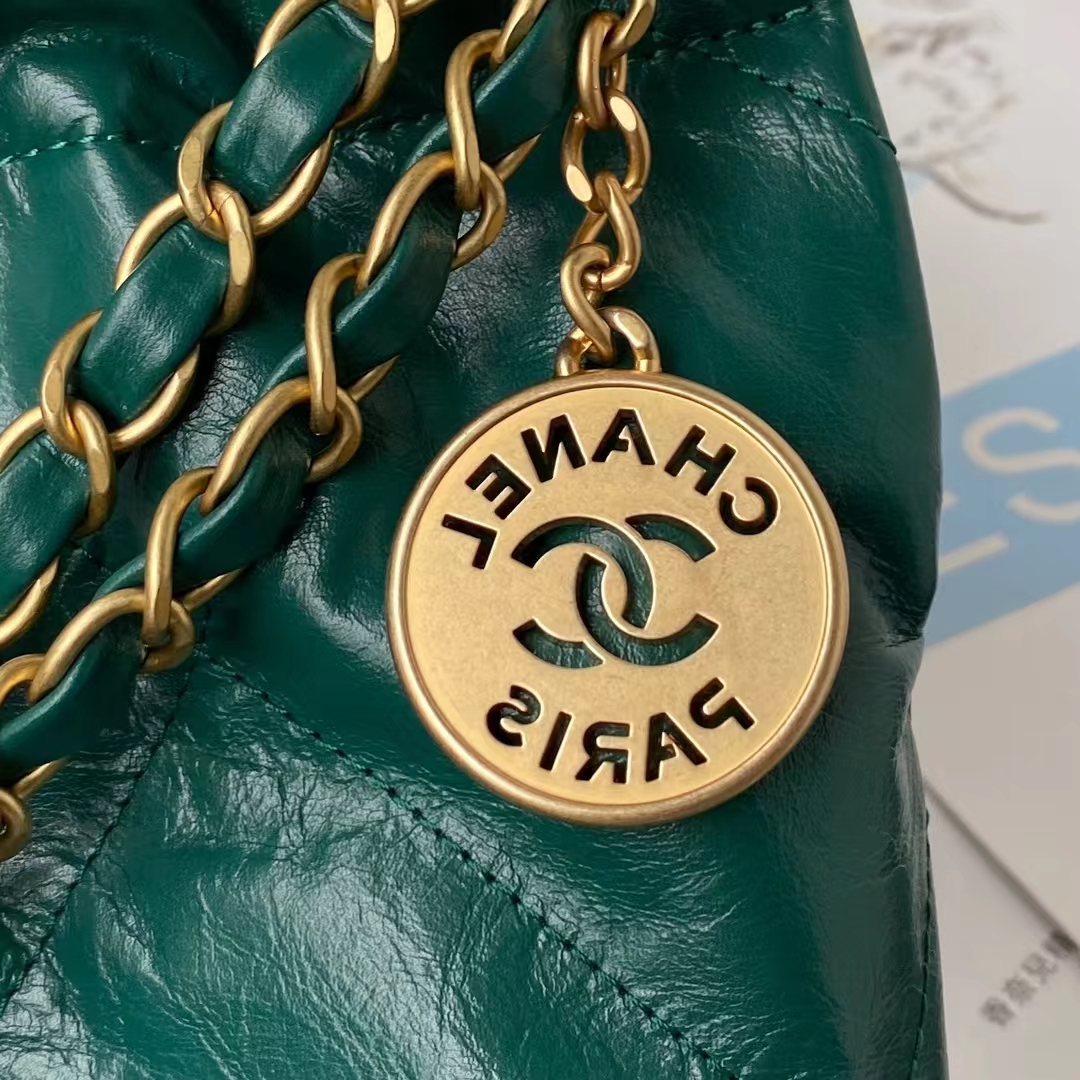 Replicate Chanel 22 AS3260 Small Bag Dark Green Calfskin Gold Hardware(1:1 replica)
