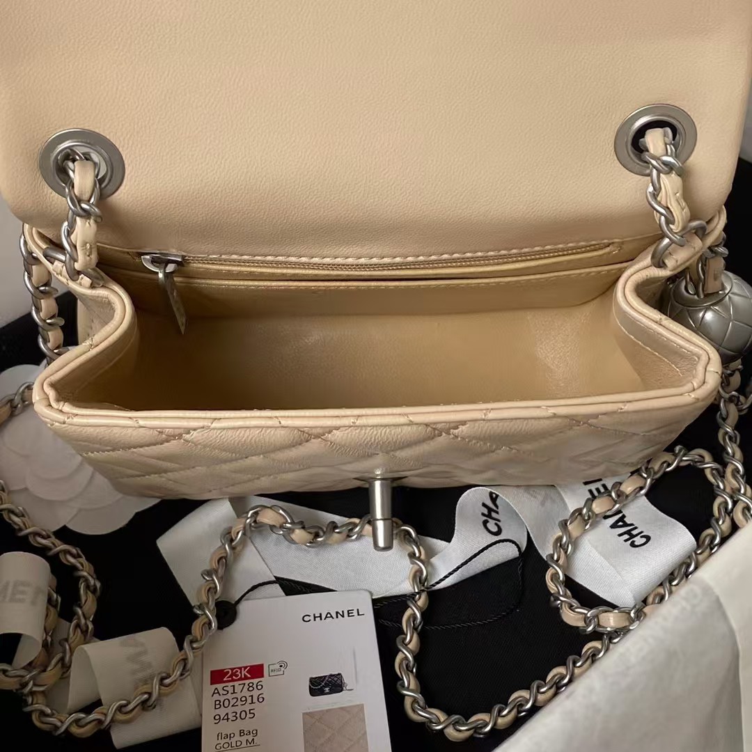 Replicate Chanel 23C AS1786 Mini Square Pearl Embossed Flap Bag Antique Silver Hardware Apricot(1:1 replica)