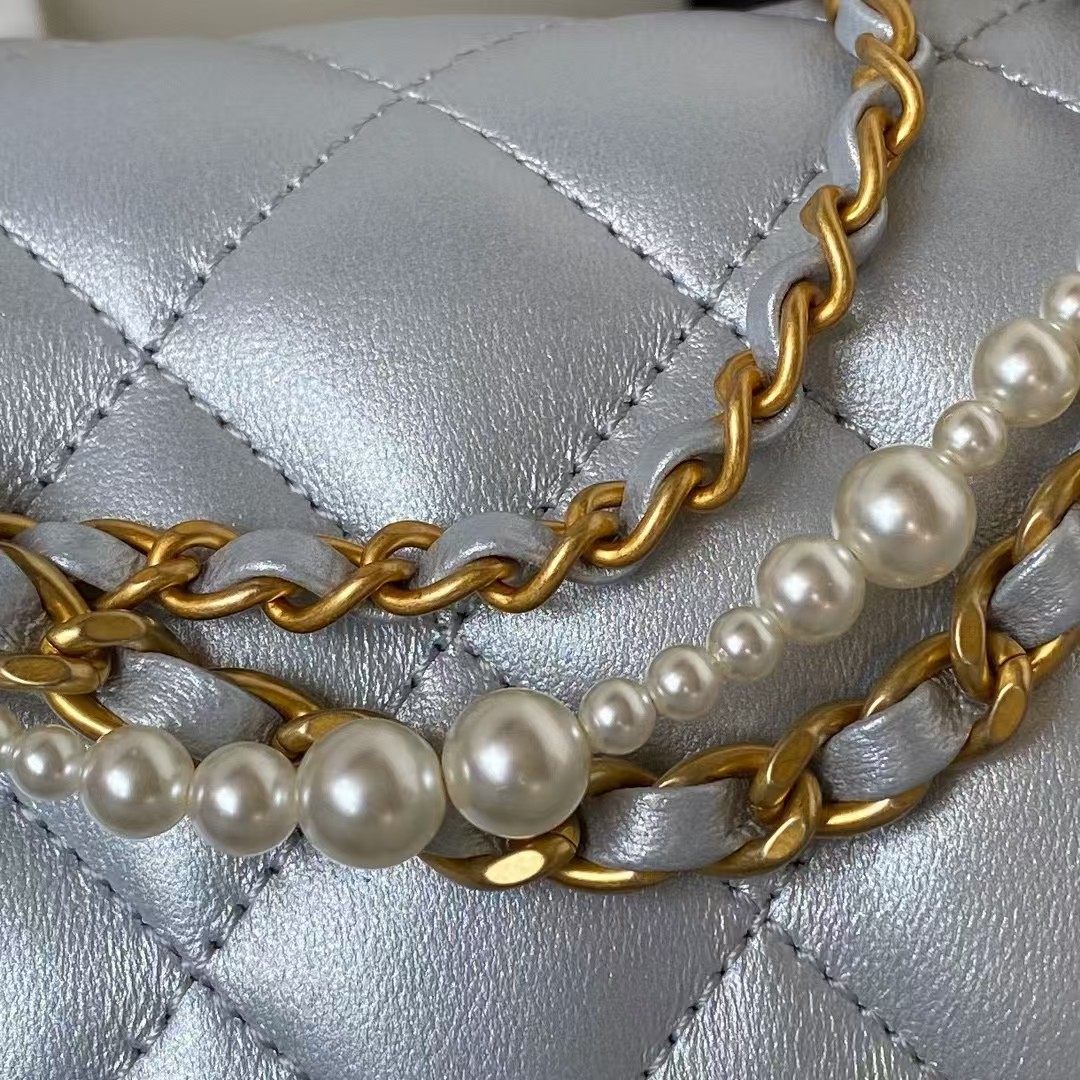 Replicate Chanel AS4385 Mini Flap Bag Pearl Lambskin Faux Pearl   Gold Metal Grey(1:1 replica)