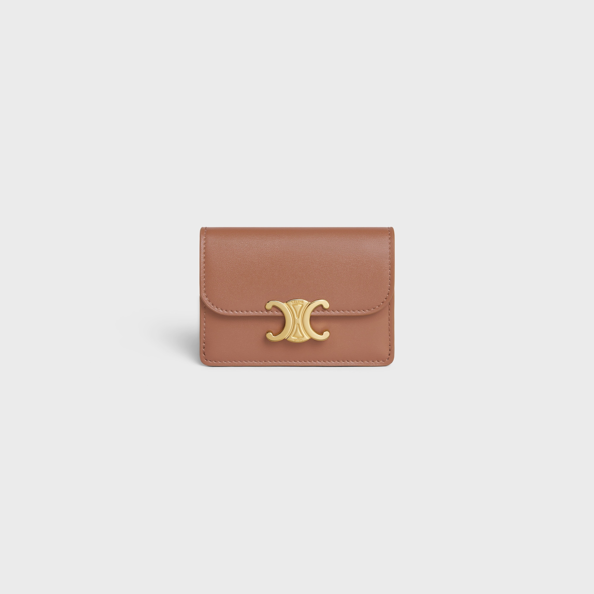 Replicate CARD HOLDER WITH FLAP TRIOMPHE IN SHINY CALFSKIN BRONZE(1:1 replica)