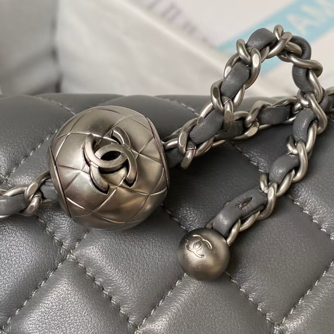 Replicate Chanel 23K AS1787 Mini Pearl Embossed Rectangular Flap Bag Lambskin Brushed Silver Metal Hardware Dark Grey(1:1 replica)