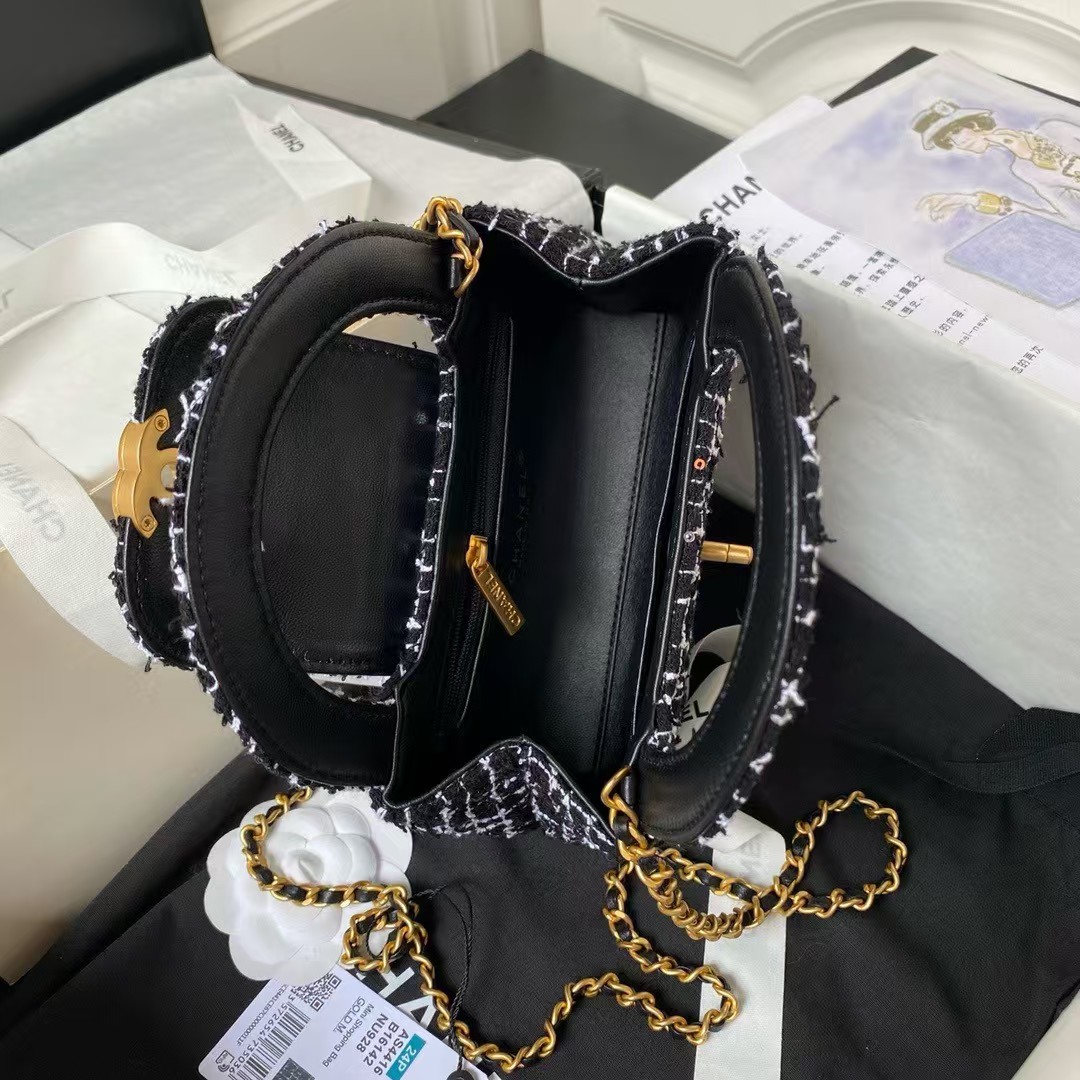 Replicate Chanel AS4416 Mini Shopping Bag Tweed and Black Calfskin Gold-Tone Metal Black and White(1:1 replica)