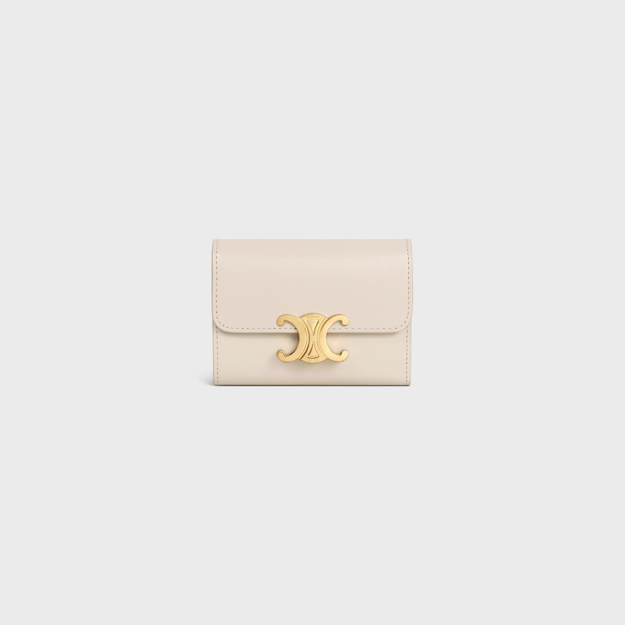Replicate COMPACT WALLET WITH COIN TRIOMPHE IN SHINY CALFSKIN PALE BEIGE(1:1 replica)