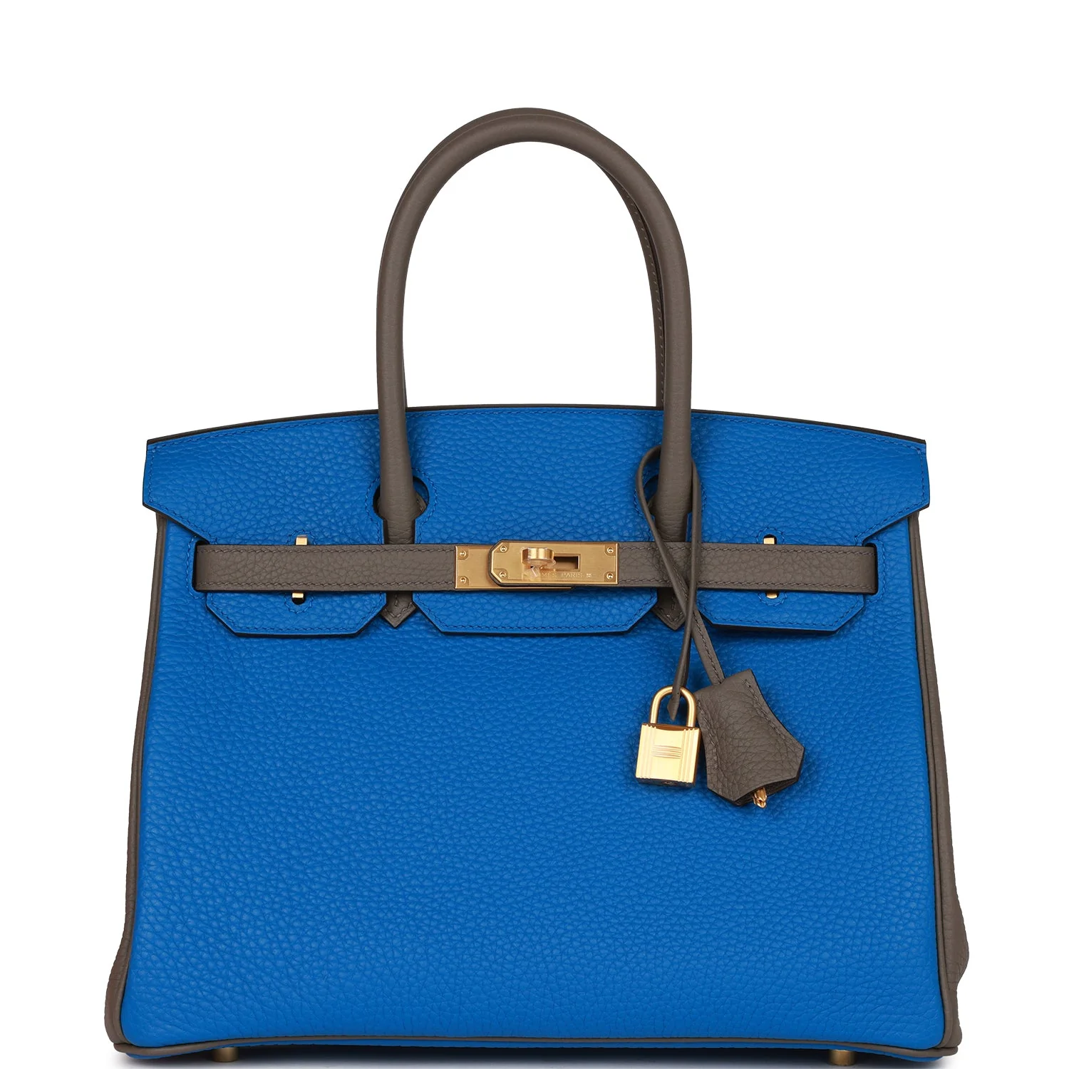 Replicate Hermes Special Order (HSS) Birkin 30 Bleu Electric and Etain Clemence Brushed Gold Hardware(1:1 replica)