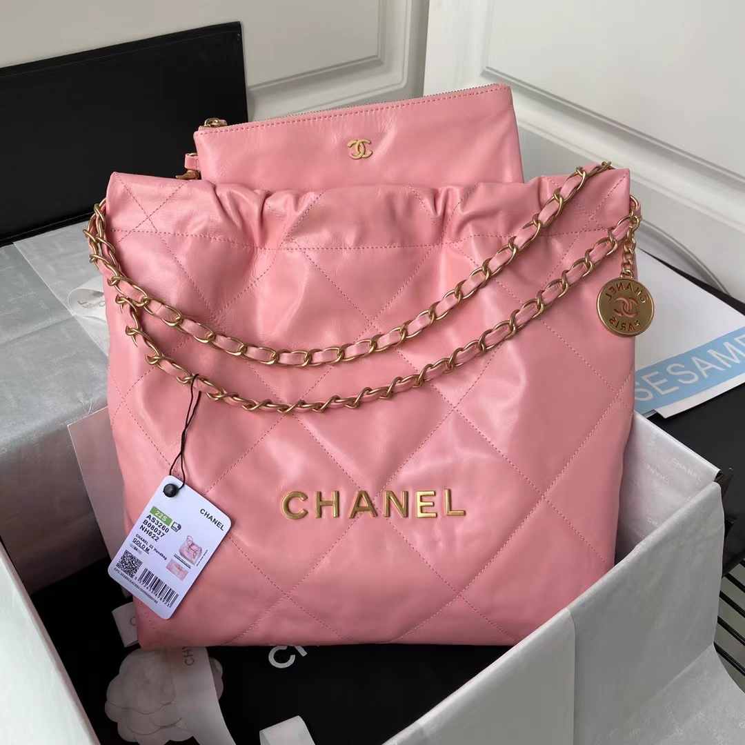 Replicate Chanel 22 AS3260 Small Bag Pink Calfskin Gold Hardware(1:1 replica)