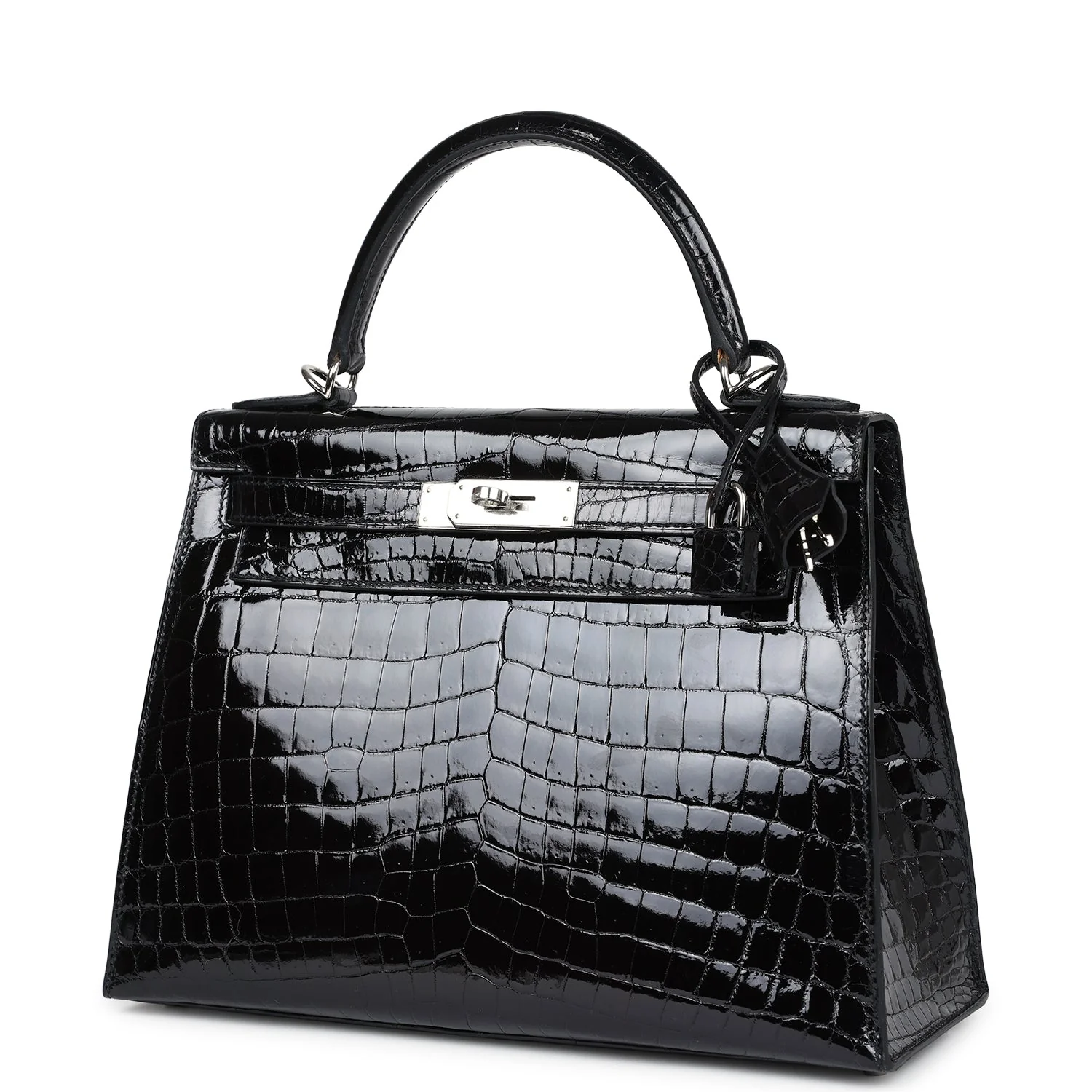 Replicate Hermes Kelly Sellier 28 Black Shiny Niloticus Crocodile Palladium Hardware(1:1 replica)