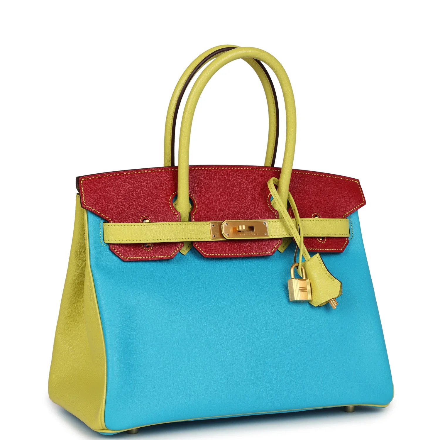 Replicate Hermes Special Order (HSS) Tri-color Birkin 30 Bleu Aztec, Soufre and Rouge Vif Chevre Brushed Gold Hardware(1:1 replica)
