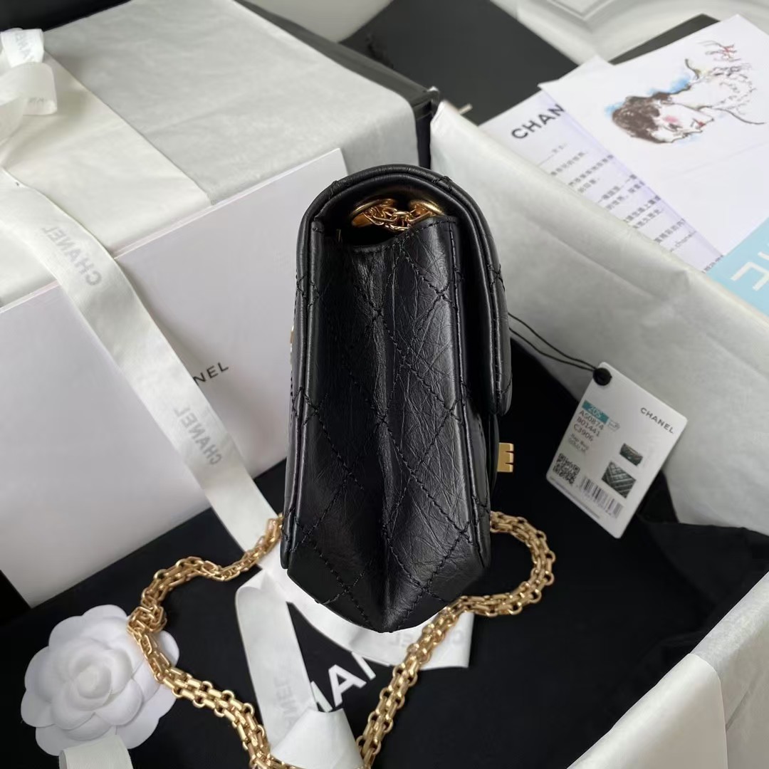 Replicate Chanel 23A Classic Mini 2.55 Flap Bag Black Distressed Calfskin Gold Hardware(1:1 replica)