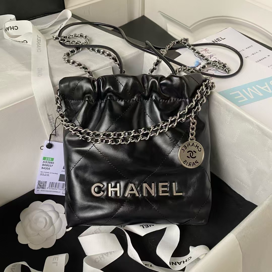 Replicate Chanel 22 AS3980 Mini Tote Bag Shiny Calfskin   Silver Metal Black(1:1 replica)