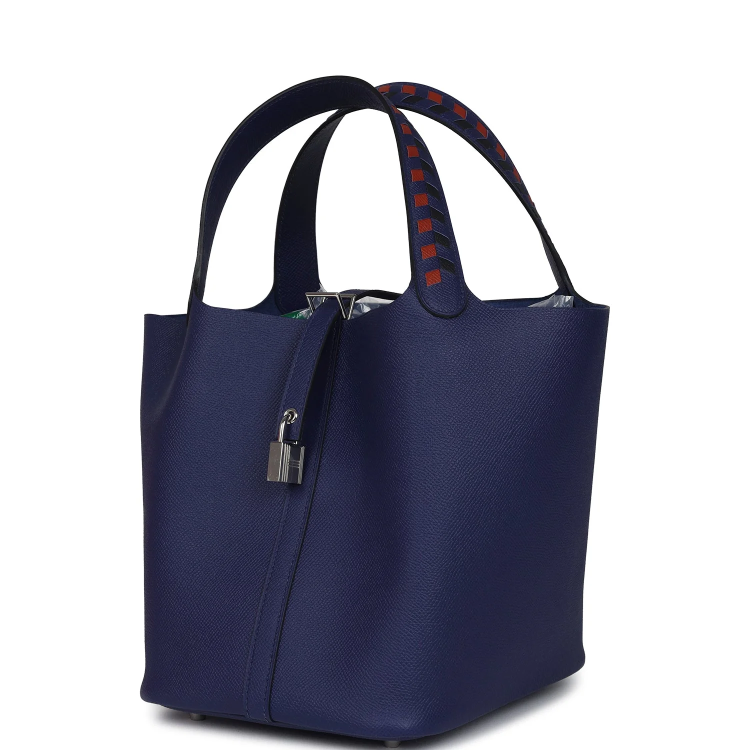 Replicate Hermes Picotin Lock 22 Tressage De Cuir Bleu Encre, Brique and Black Epsom Palladium Hardware(1:1 replica)