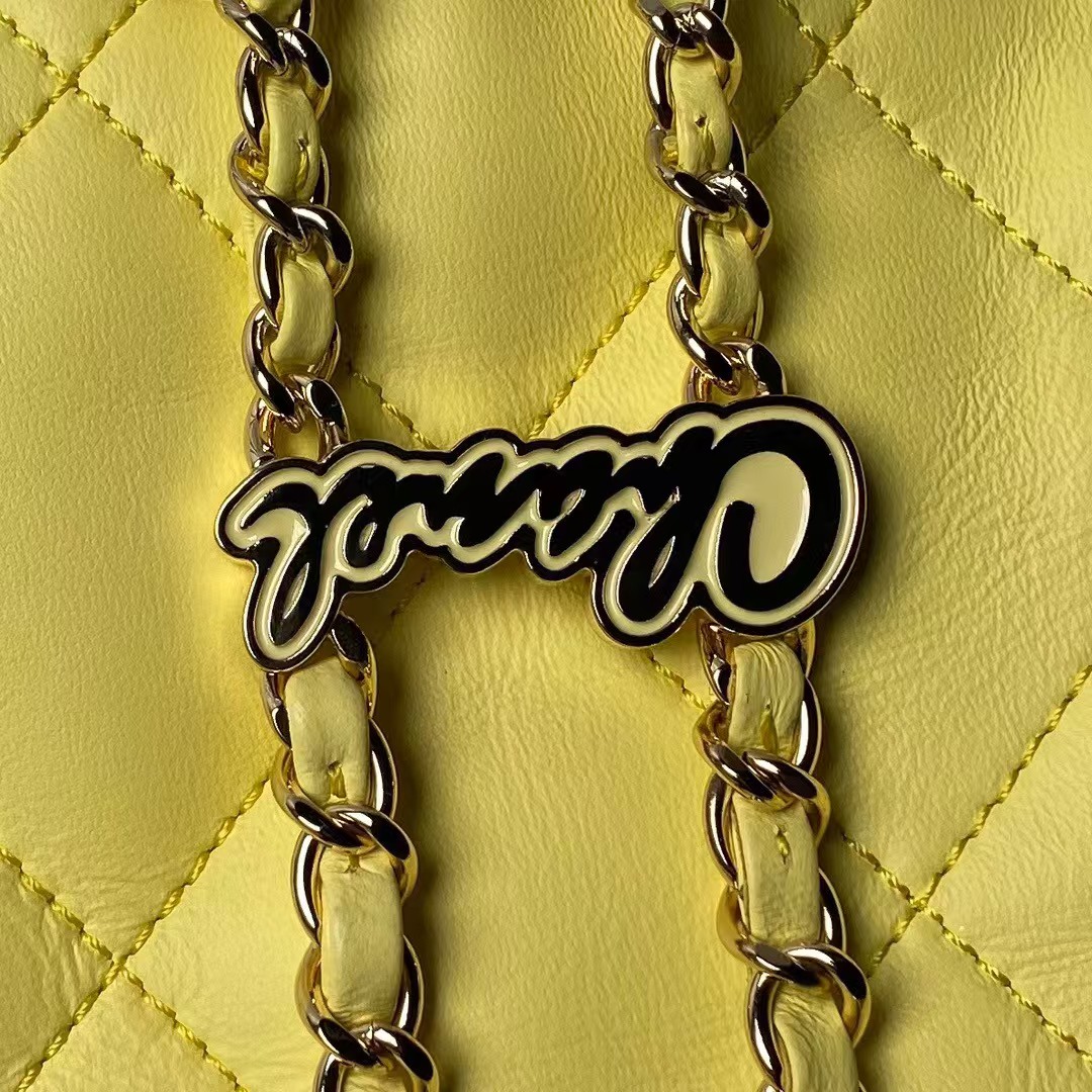 Replicate Chanel 24S AS4810 Medium CC Drawstring Backpack Shiny Lambskin Light Gold Hardware Yellow(1:1 replica)