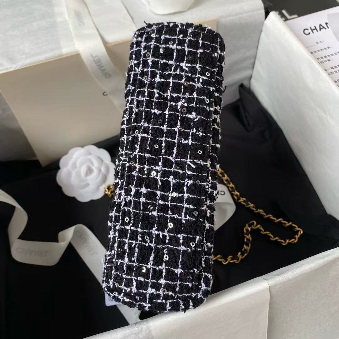 Replicate Chanel AS4416 Mini Shopping Bag Tweed and Black Calfskin Gold-Tone Metal Black and White(1:1 replica)
