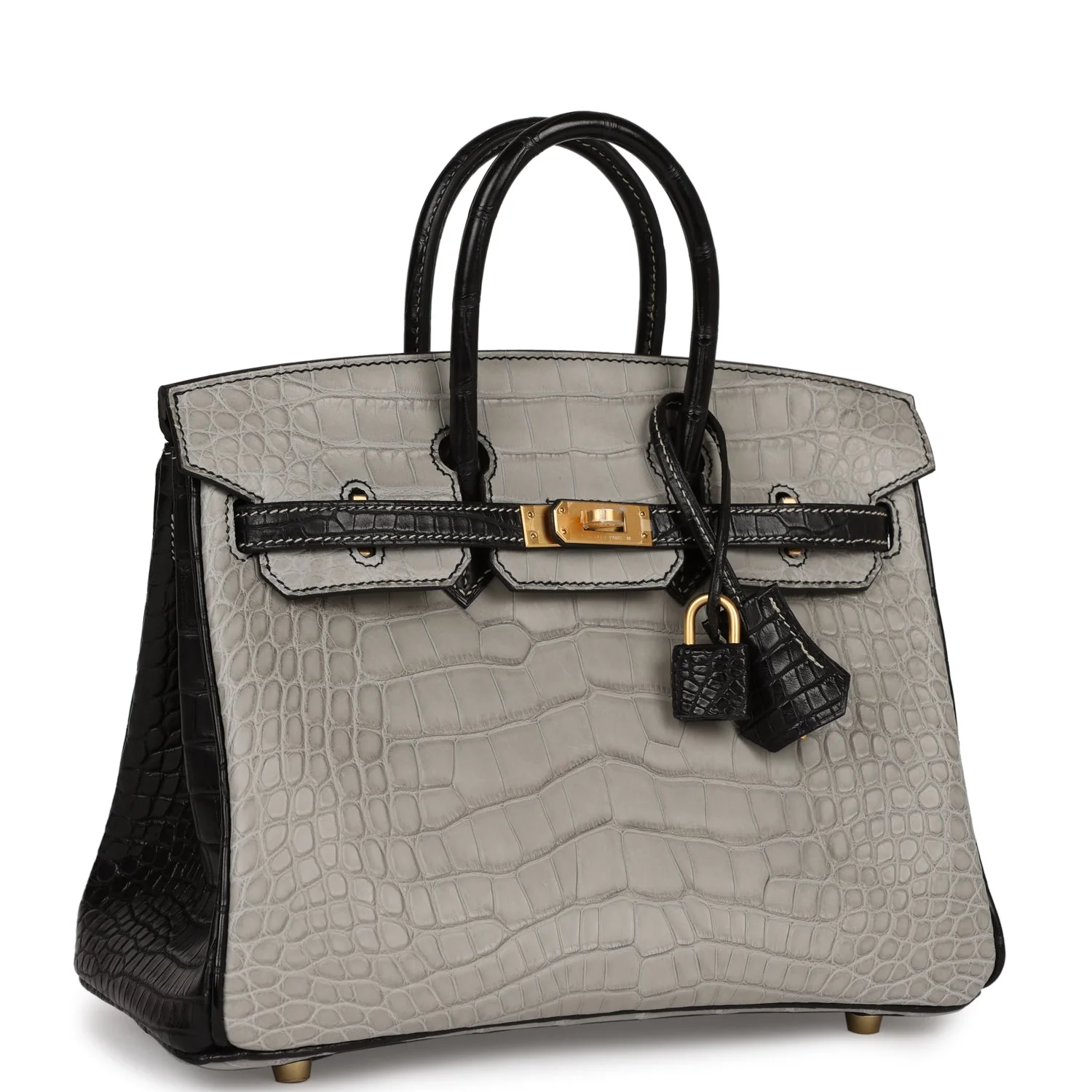 Replicate Hermes Special Order (HSS) Birkin 25 Gris Perle and Black Matte Alligator Mississippienis Brushed Gold Hardware(1:1 replica)