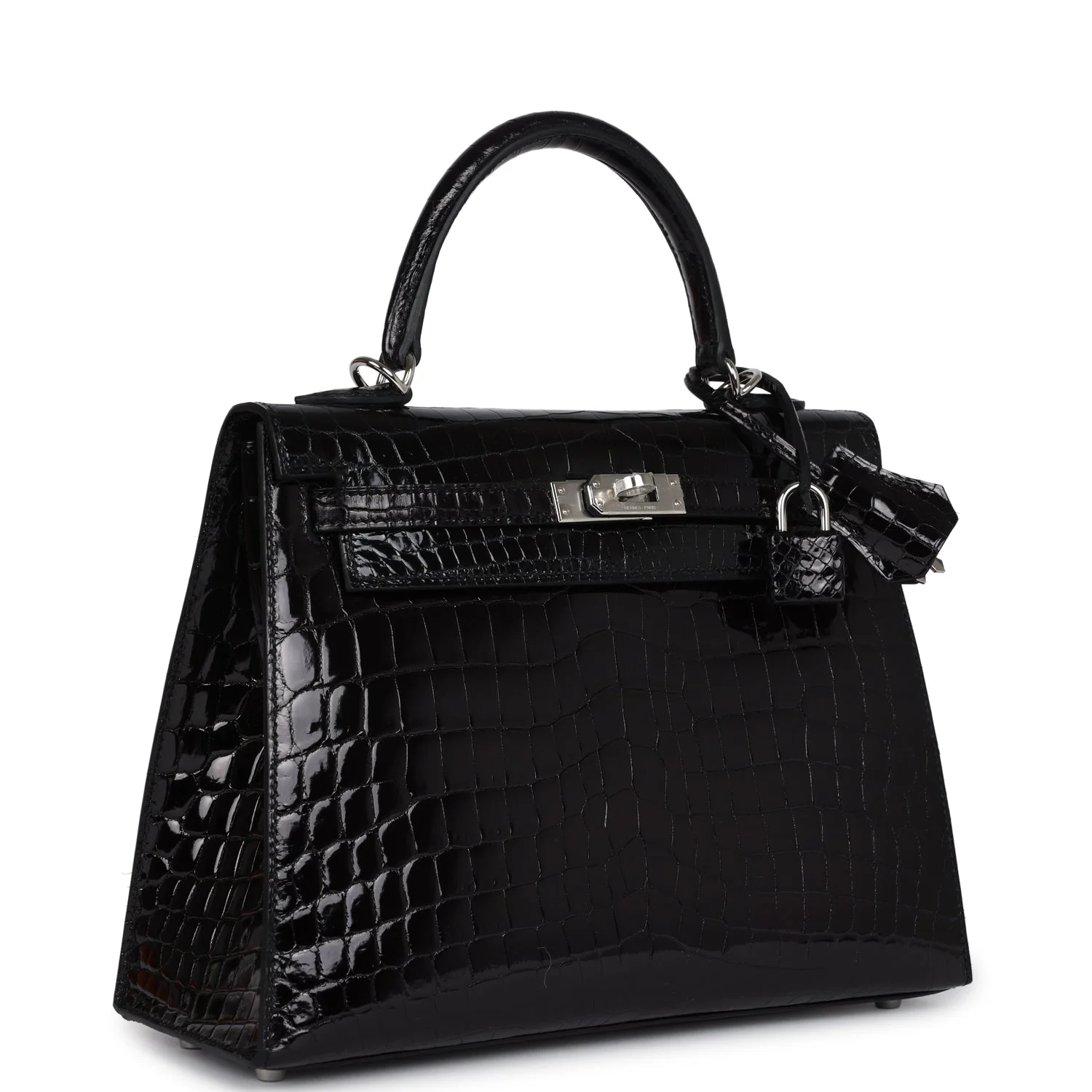 Replicate Hermes Kelly Sellier 25 Black Shiny Niloticus Crocodile Palladium Hardware(1:1 replica)