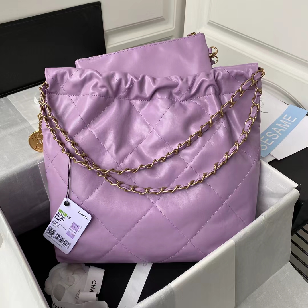 Replicate Chanel 22 AS3260 Small Bag Purple Calfskin Gold Hardware(1:1 replica)