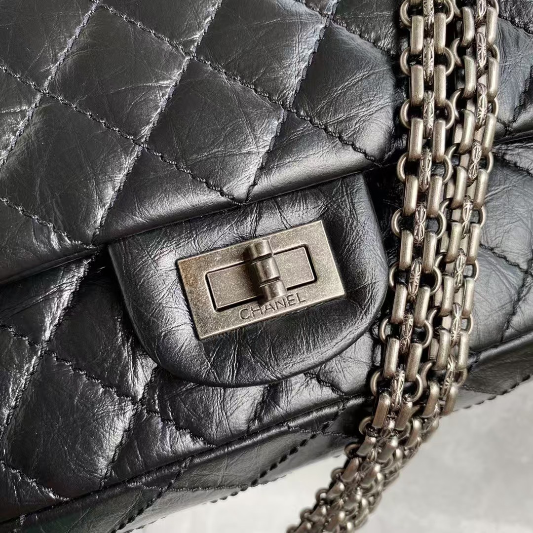 Replicate Chanel 23A Classic Medium 2.55 Flap Bag Black Distressed Calfskin Ruthenium Hardware(1:1 replica)