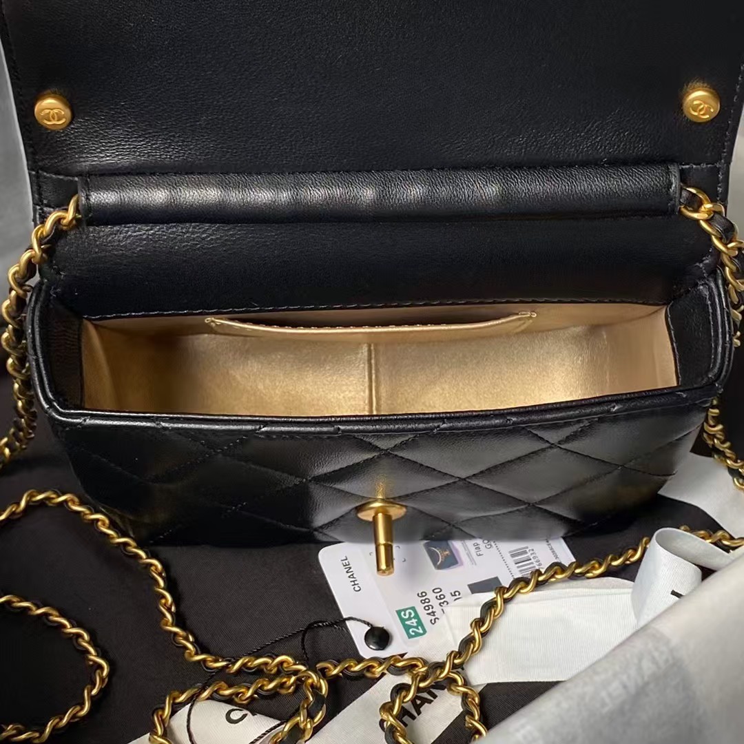 Replicate Chanel AS4986 Mini Flap bag Shiny Lambskin Imitation Pearls   Gold-Tone Metal Black(1:1 replica)