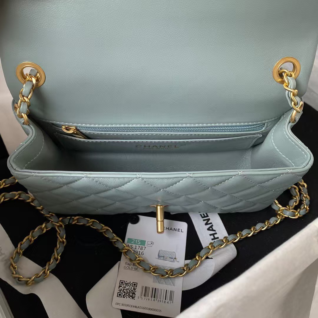 Replicate Chanel 23K AS1787 Mini Pearl Embossed Rectangular Flap Bag Lambskin Brushed Metal Hardware Light Blue(1:1 replica)