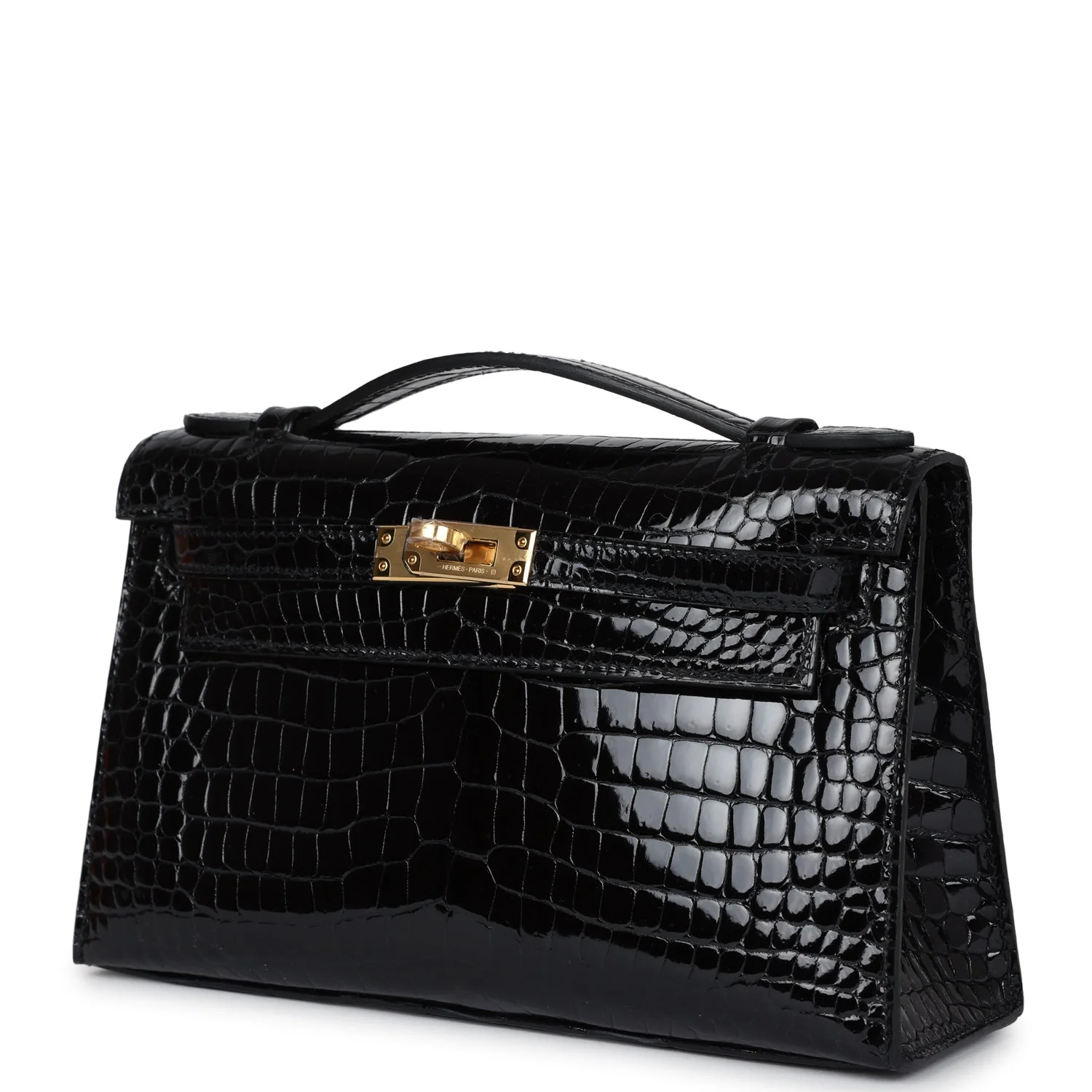 Replicate Hermes Kelly Pochette Black Shiny Porosus Crocodile Gold Hardware(1:1 replica)