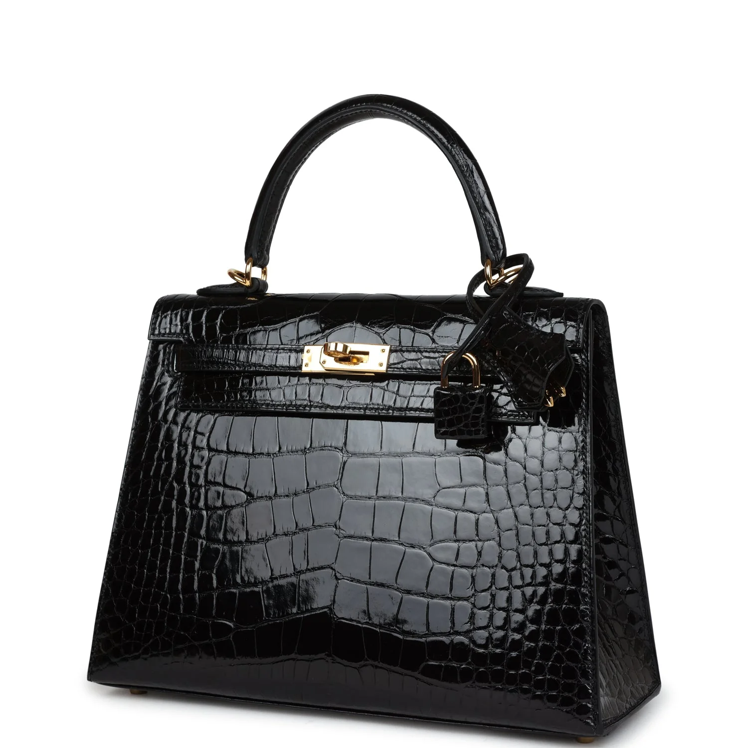 Replicate Hermes Kelly Sellier 25 Black Shiny Alligator Gold Hardware(1:1 replica)