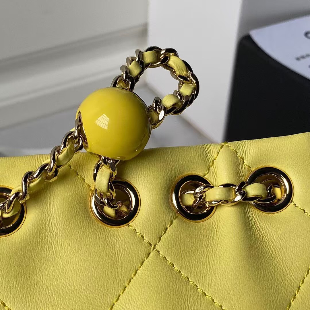 Replicate Chanel 24S AS4810 Medium CC Drawstring Backpack Shiny Lambskin Light Gold Hardware Yellow(1:1 replica)