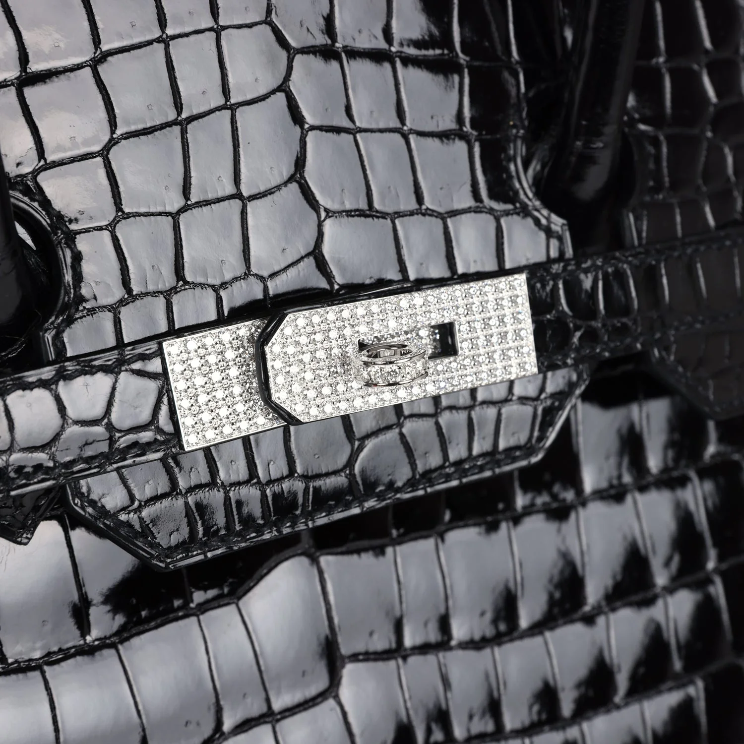 Replicate Hermes Birkin 35 Black Shiny Porosus Crocodile 18K White Gold Diamond Hardware(1:1 replica)