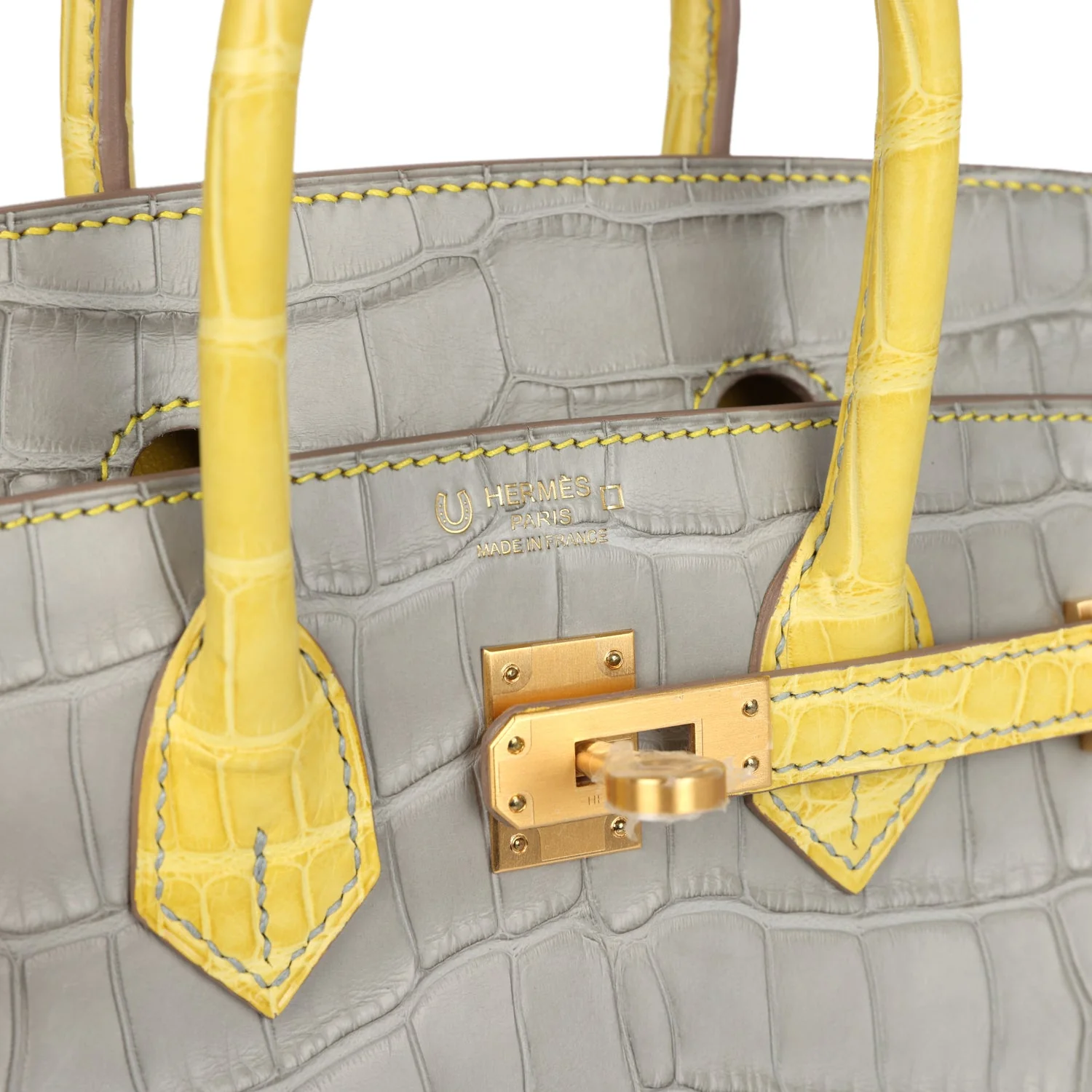 Replicate Hermes Special Order (HSS) Birkin 25 Gris Perle and Mimosa Matte Alligator Brushed Gold Hardware(1:1 replica)
