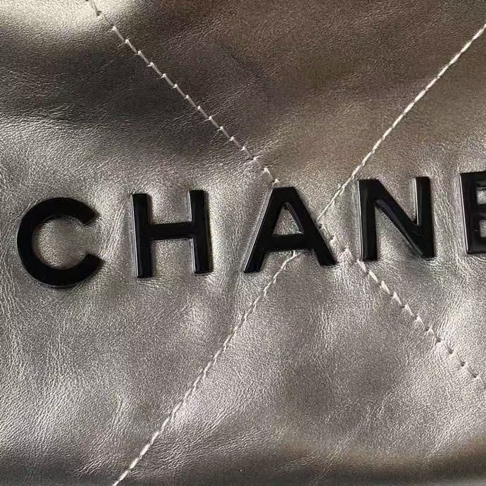 Replicate Chanel 22 AS3980 Mini Tote Shiny Calfskin   Silver Metal Silver Black(1:1 replica)