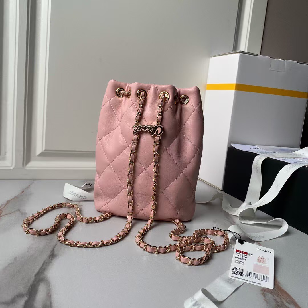 Replicate Chanel 24S AS4810 Medium CC Drawstring Backpack Shiny Lambskin Light Gold Hardware Pink(1:1 replica)
