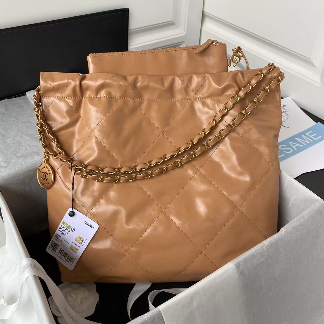 Replicate Chanel 22 AS3260 Small Bag Brown Calfskin Gold Hardware(1:1 replica)