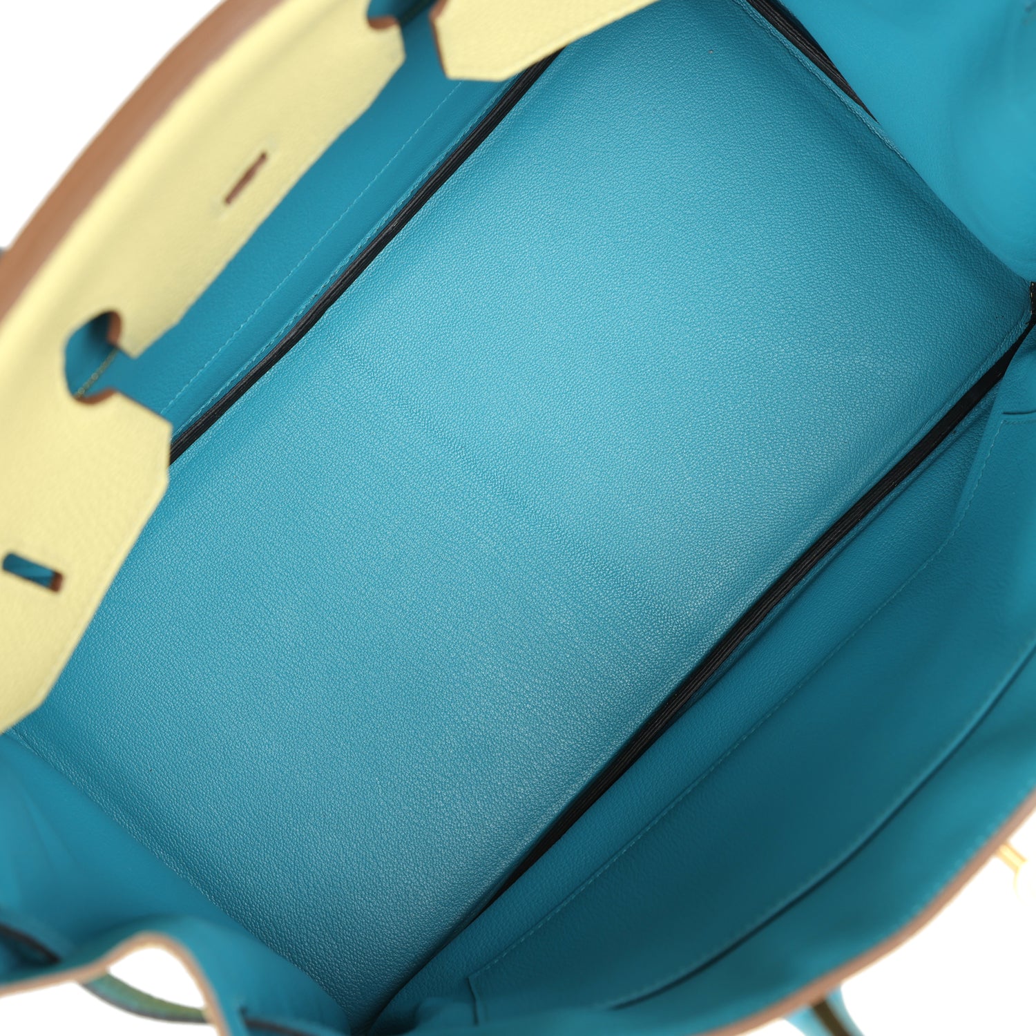 Replicate Hermes Special Order (HSS) Birkin 35 Jaune Poussin and Bleu Paradise Togo Brushed Gold Hardware(1:1 replica)