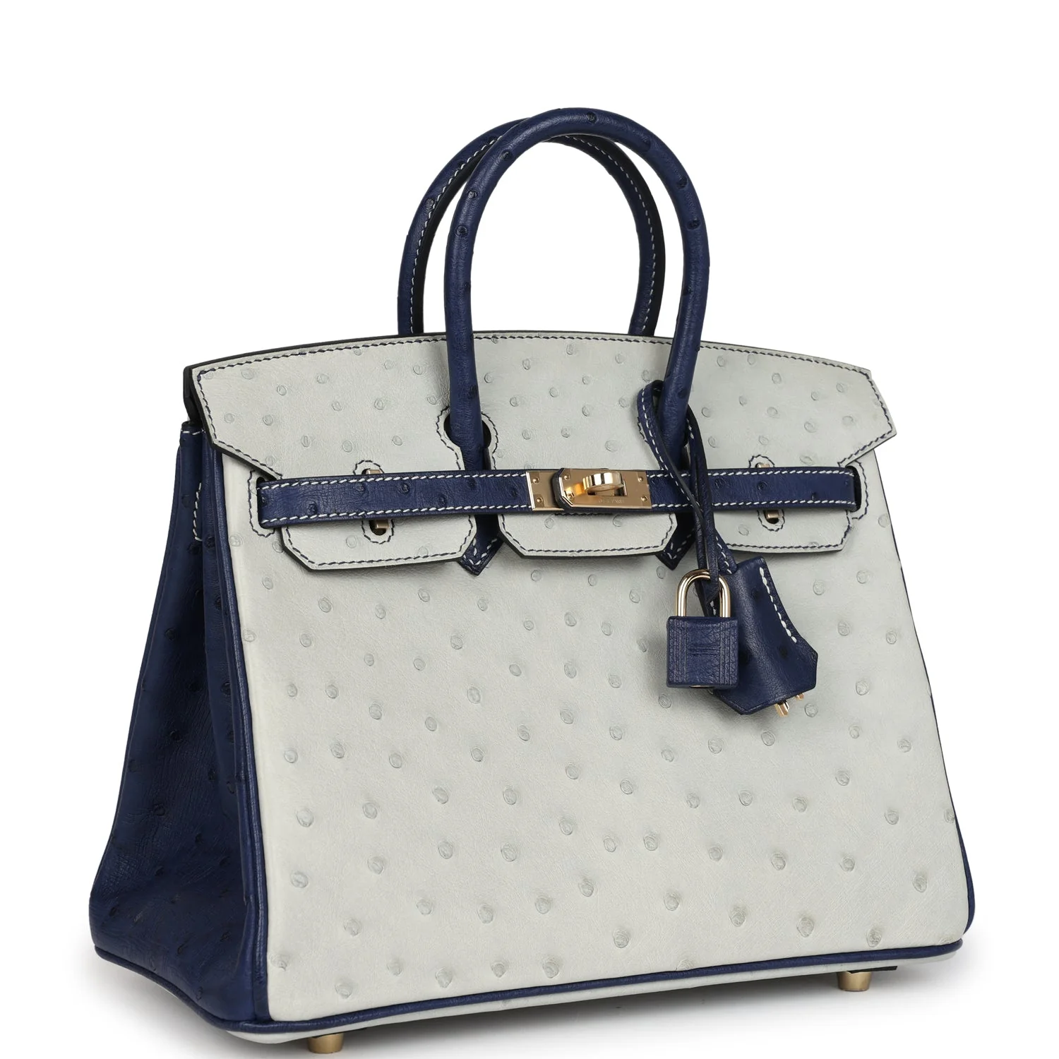 Replicate Hermes Special Order (HSS) Birkin 25 Gris Perle and Bleu Iris Ostrich Permabrass Hardware(1:1 replica)