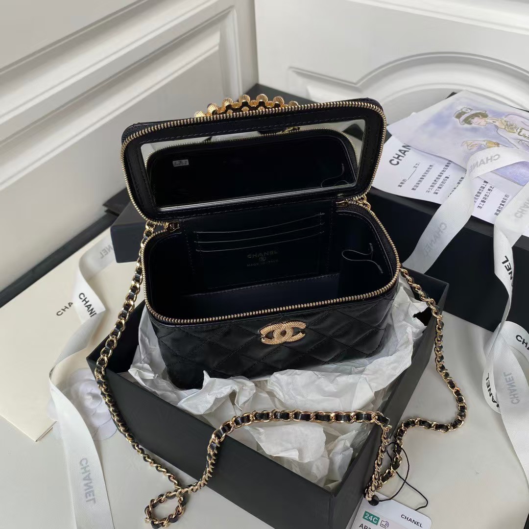 Replicate Chanel AP3804 Clutch Lambskin Cosmetic Bag With Pearl Handle Black(1:1 replica)