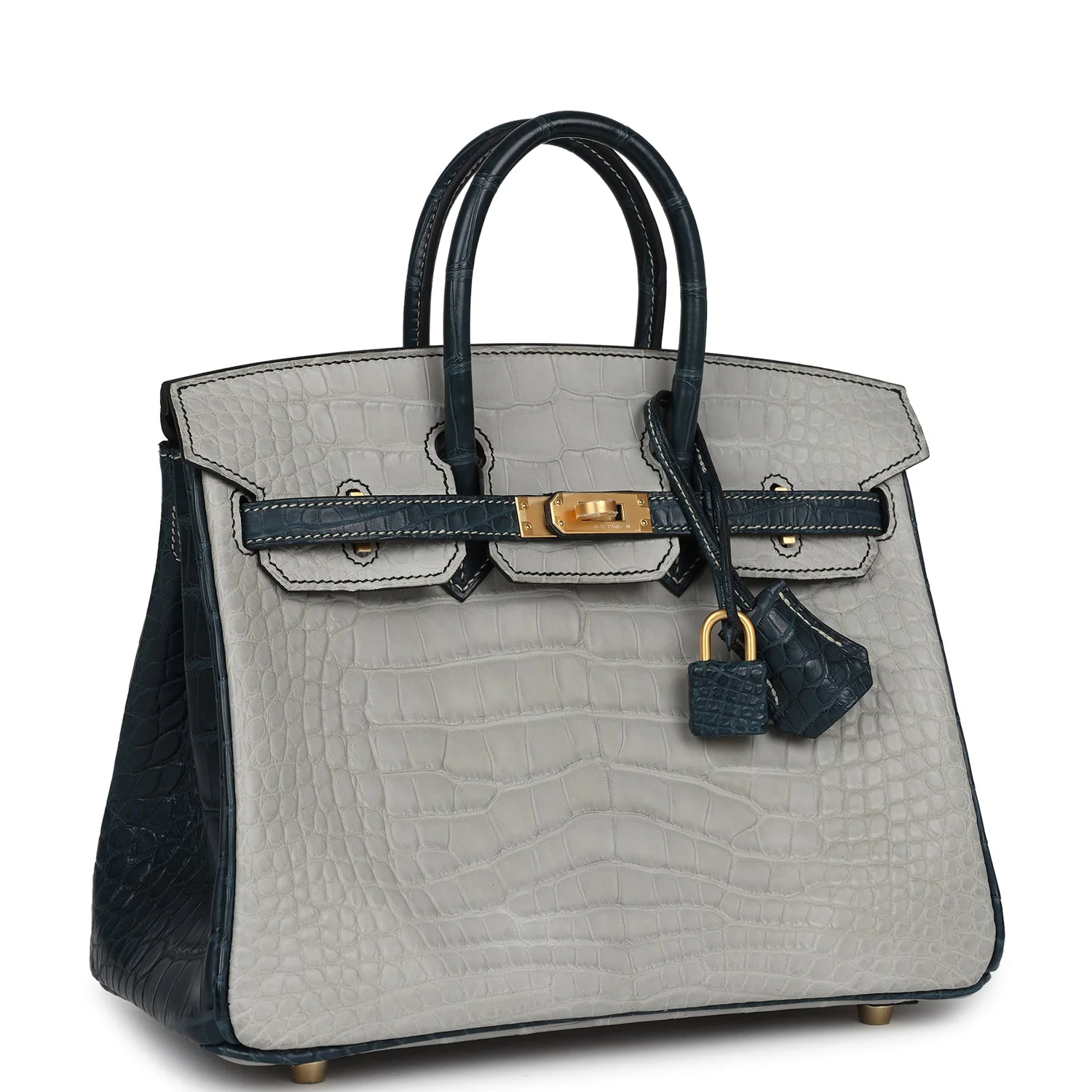 Replicate Hermes Special Order (HSS) Birkin 25 Gris Perle and Vert Rousseau Matte Alligator Brushed Gold Hardware(1:1 replica)