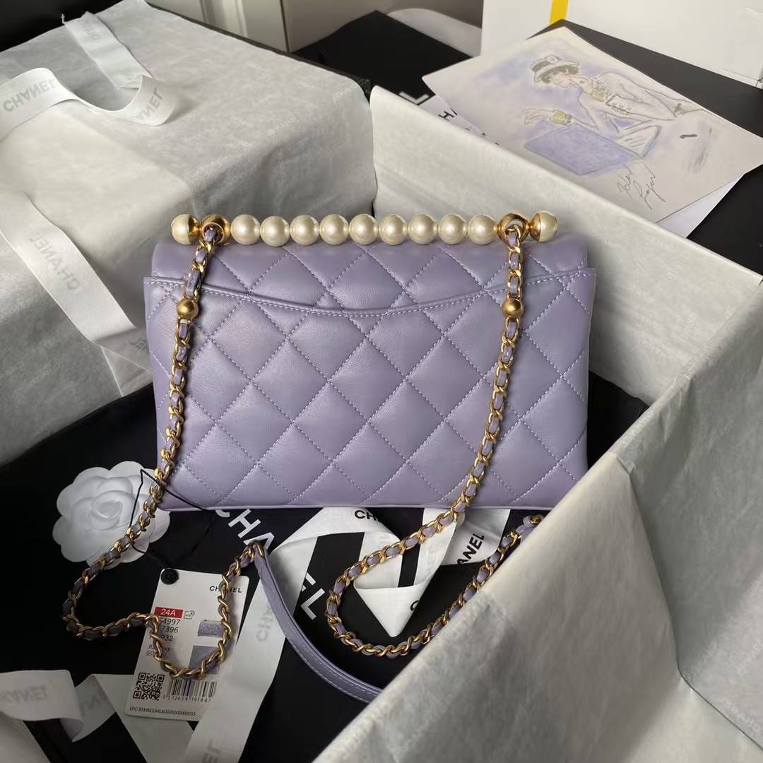 Replicate Chanel AS4997 Flap Bag With Top Handle Shiny Lambskin Imitation Pearls   Gold-Tone Metal Purple(1:1 replica)
