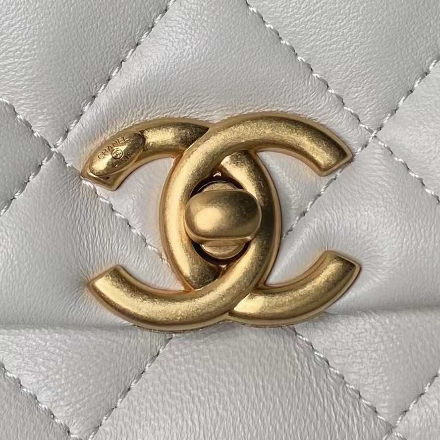 Replicate Chanel AS5001 Mini Flap Bag Top Handle Shiny Lambskin Imitation Pearl   Gold Metal White(1:1 replica)