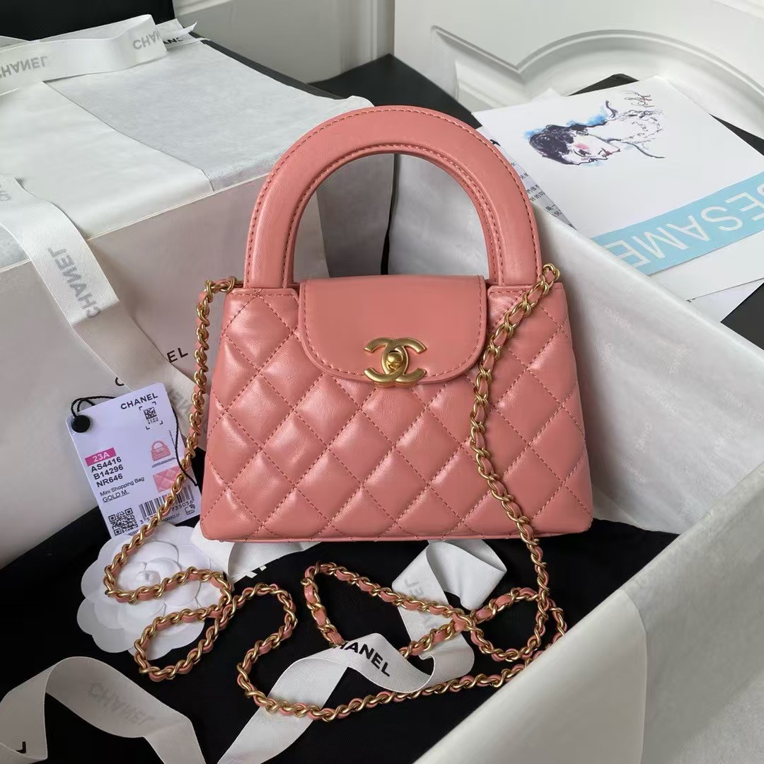 Replicate Chanel AS4416 Mini Shopping Bag Shiny Aged Calfskin Gold-Tone Metal Dark Pink(1:1 replica)