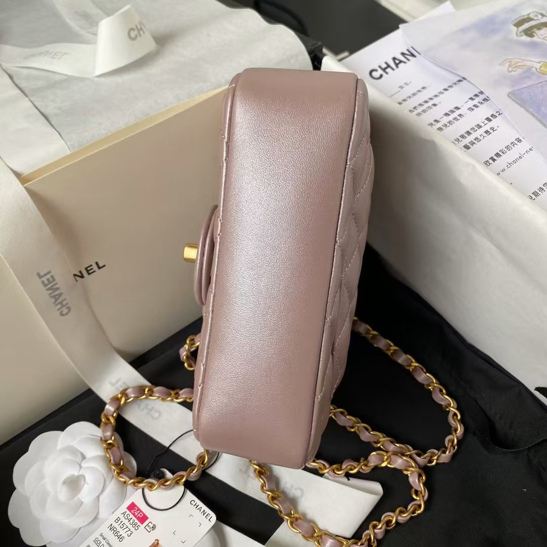Replicate Chanel AS4385 Mini Flap Bag Pearl Lambskin Faux Pearl   Gold Metal Pink Iridescent(1:1 replica)
