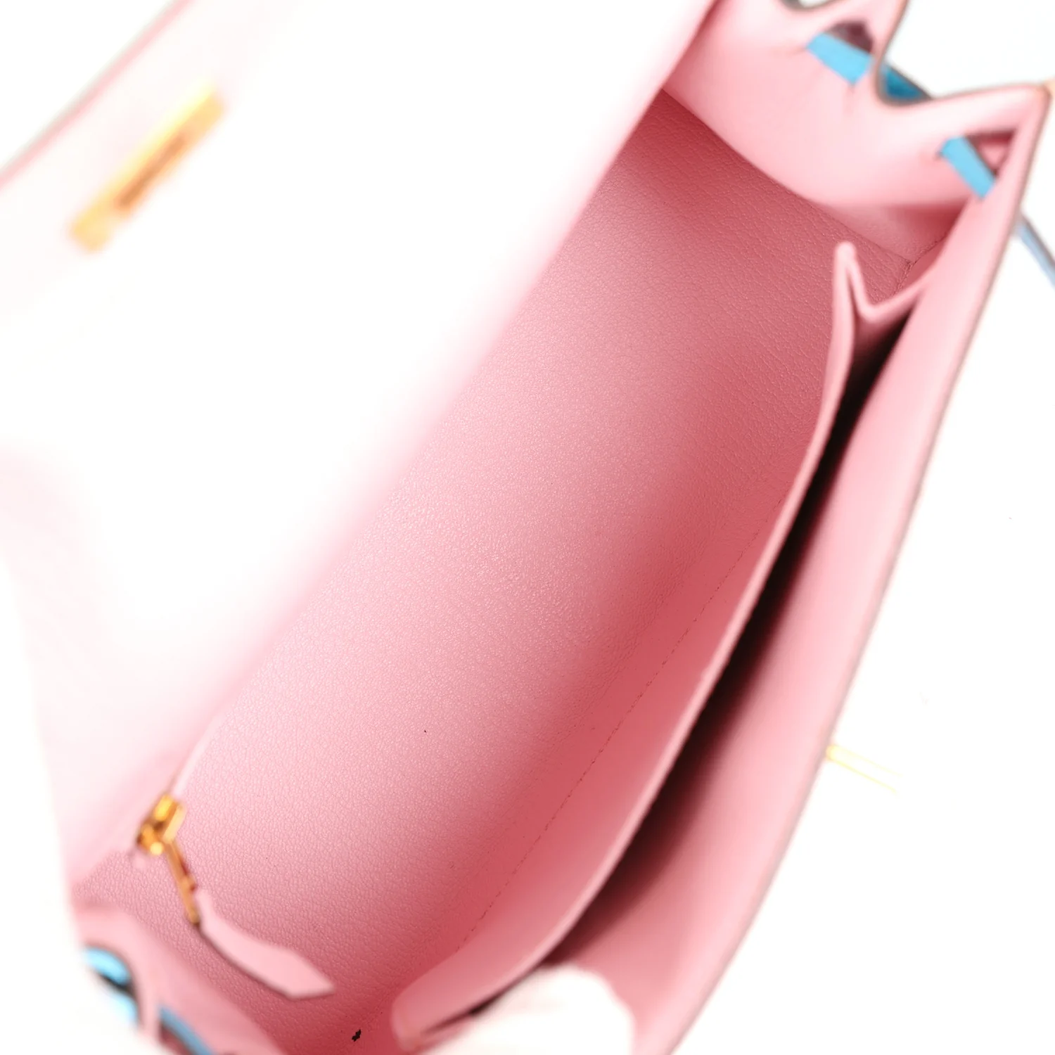 Replicate Hermes Special Order (HSS) Kelly Sellier 25 Rose Sakura and Bleu Aztec Chevre Brushed Gold Hardware(1:1 replica)