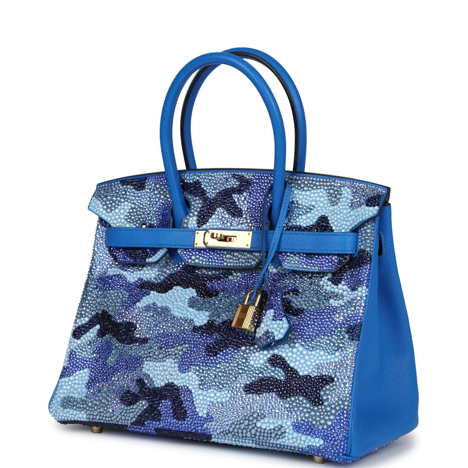 Replicate Custom Camouflage Swarovski Crystal Hermes Birkin 30 Bleu Hydra Chevre Gold Hardware(1:1 replica)